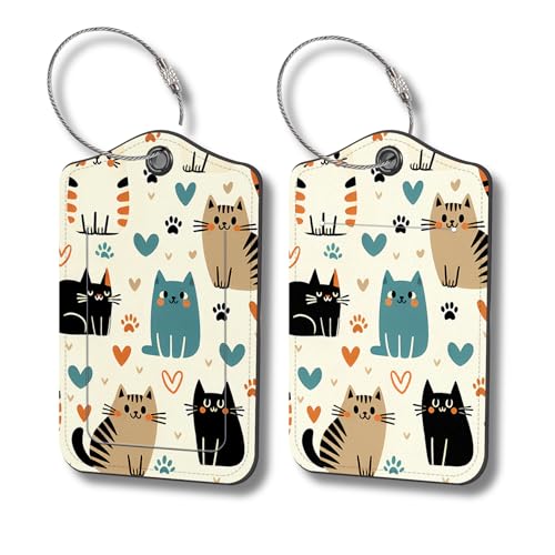 Luggage Tags for Suitcases, 2-Pack PU Leather for Cruise & Travel, Baggage ID Tags with Privacy Cover & Address Card, Durable Metal Ring, Kids Adults Travel Accessories, Kitty Love Pattern - color: Kitty Love Pattern