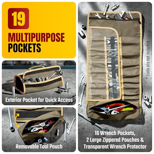 The Ryker Wrench Roll Up Bag Heavy-Duty Canvas Tool Organizer w/Clear PVC Wrench Cover, Heavy Duty Roll Up Tool Bag w/Multiple Pockets for Wrenches, Sockets, and Tools for Mechanics Gifts for Him - style: Wrench Roll Prtct