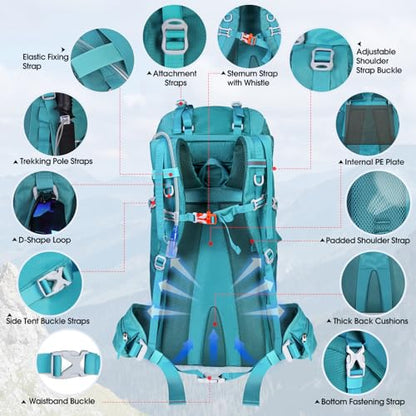 IGOLUMON 60L Hiking Backpack Waterproof Camping Backpack with Rain Cover Large Lightweight Backpacking Backpack for Men Women - color: Green