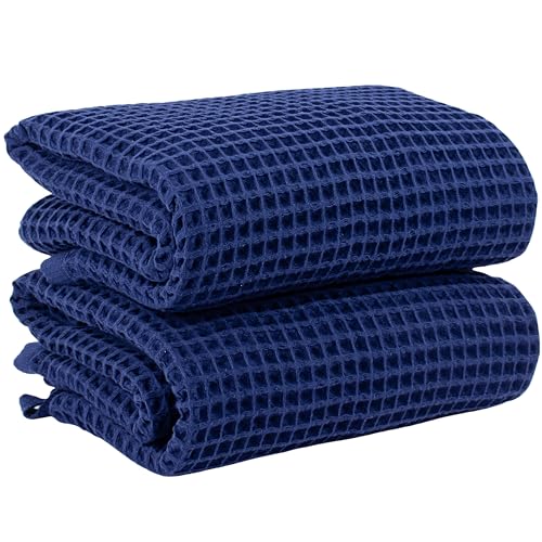 PÜSKÜL Natural 100% Turkish Cotton Navy Waffle Bath Towels Set of 2-Piece | 32x63 Extra Large Absorbent Quick-Dry Lightweight Spa Towel | Luxury Bathroom Towel (Navy Blue Bath Towels - Pack of 2) - color: Navy Blue