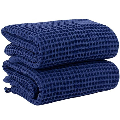 PÜSKÜL Natural 100% Turkish Cotton Navy Waffle Bath Towels Set of 2-Piece | 32x63 Extra Large Absorbent Quick-Dry Lightweight Spa Towel | Luxury Bathroom Towel (Navy Blue Bath Towels - Pack of 2) - color: Navy Blue