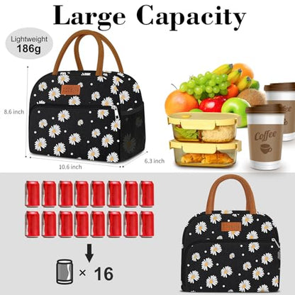 Coobiiya Lunch Bag Lunch Box for Women Men, Reusable Cute Lunchbag - Leakproof, Adult Insulated Lunch Box Tote with Large Capacity, Cooler Container for Work, Travel, Office (Black Daisy) - color: Black Daisy