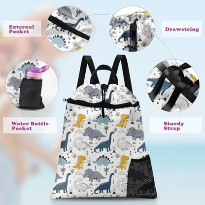 Cute Sketch Dinosaur Drawstring Backpack, 15” x 17” Waterproof Swim Bag for Beach Swimming Pool, Lightweight Foldable Gym Bag with Water Bottle Holder for Sports Travel - color: Cute Dinosaur