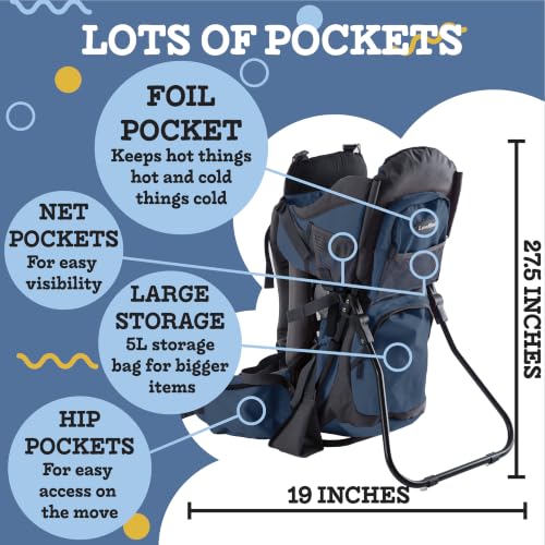 Hiking Baby Carrier Backpack - Comfortable Toddler/Baby Backpack Carrier System with Diaper Change Pad, Insulated Pocket + Rain and Sun Hood to Protect Your Child - color: Navy/Grey