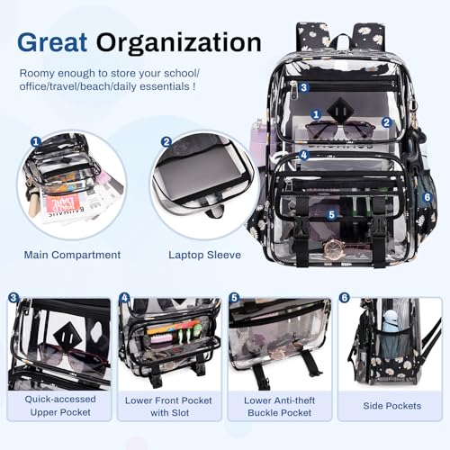 Sisipoet Clear Backpack for School, PVC Clear Bookbag Heavy Duty Transparent Backpack for Stadium Events See Through Bag - color: 1pc-black Daisy