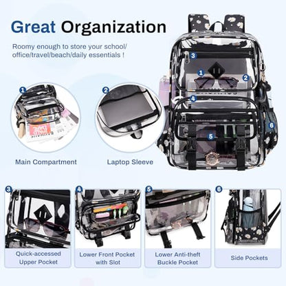 Sisipoet Clear Backpack for School, PVC Clear Bookbag Heavy Duty Transparent Backpack for Stadium Events See Through Bag - color: 1pc-black Daisy