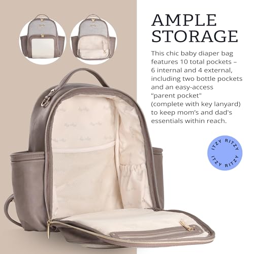 Itzy Ritzy Mini Diaper Bag Backpack – Chic, Compact Mini Plus Backpack with Changing Pad, 10 Pockets (6 Internal, 4 External), Grab-Top Handle & Rubber Feet (Vanilla Latte) - color: Vanilla Latte - Plus