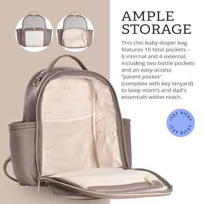 Itzy Ritzy Mini Diaper Bag Backpack – Chic, Compact Mini Plus Backpack with Changing Pad, 10 Pockets (6 Internal, 4 External), Grab-Top Handle & Rubber Feet (Vanilla Latte) - color: Vanilla Latte - Plus