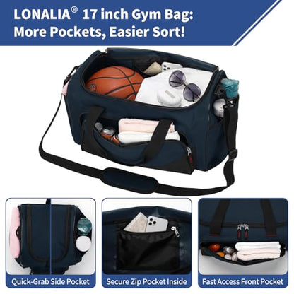 30L Gym Sport Duffle Bag - 17 inch Carry on Weekender Overnight Bag for Travel, Workout, Fitness (Navy Blue-30L) - color: Navy Blue