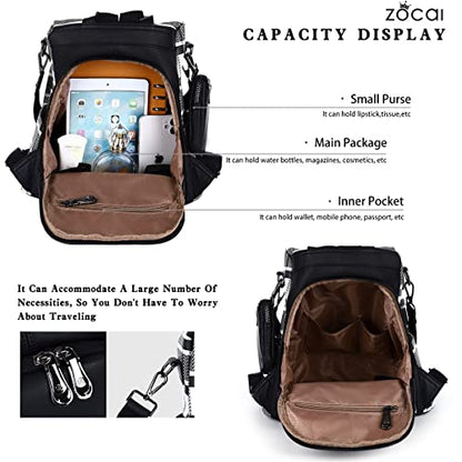 ZOCAI Backpack Purse for Women Fashion Backpack Purses PU Leather Daypacks Anti-Theft Shoulder Bag Satchel Purse - color: 7black/Black