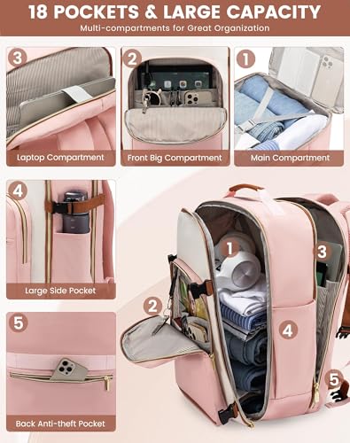 LOVEVOOK 40L Travel Backpack for Women & Men, Airline Approved Carry On Luggage with 3 Packing Cubes, TSA Overnight Bags, Waterproof Personal Item Bag, Weekender Essentials Backpacks fits 17" Laptop - color: Light Grey-beige-pink, size: Large