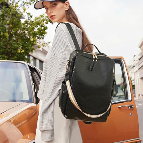 Dora & Liz Laptop Backpack for Women, Leather Travel Backpack with 15.6 Inch Laptop Compartment, College Work Computer Bag - color: Black