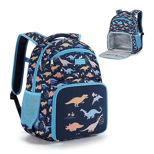 mommore 2-in-1 Kids Backpack, Insulated Lunch Compartment Dinosaur Toddler Backpack Lightweight Kindergarten Preschool Bookbag for Boys with Chest Strap, for Travel Daycare, Blue - color: Dinosaur