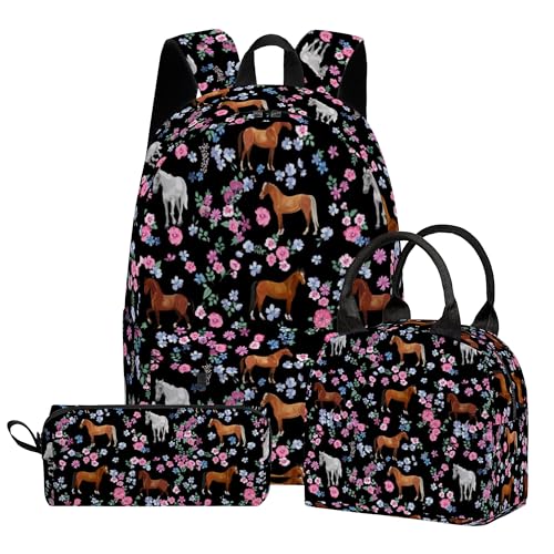 3PCS Horse Backpack for Girls Boys, Kids Back to School Backpack Sets with Lunch Bag Pencil Case, 17 Inch Lightweight Bookpack 3 in 1 Set for Teens Elementary Middle High School Students - color: Horse