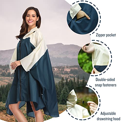 SaphiRose Unisex Rain Poncho Waterproof Raincoat Hooded for Adults Women with Pockets - color: A-navy-white