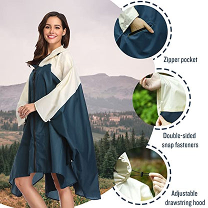 SaphiRose Unisex Rain Poncho Waterproof Raincoat Hooded for Adults Women with Pockets - color: A-navy-white