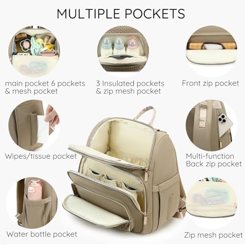 MAPLELILY Large Diaper Bag Backpack, Stylish Baby Travel Diaper Bag, Khaki | Waterproof lightweight maternity hospital backpack. With changing pad, stroller straps, insulated pocket. Mom, dad, toddler - color: Brown Taupe
