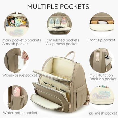 MAPLELILY Large Diaper Bag Backpack, Stylish Baby Travel Diaper Bag, Khaki | Waterproof lightweight maternity hospital backpack. With changing pad, stroller straps, insulated pocket. Mom, dad, toddler - color: Brown Taupe