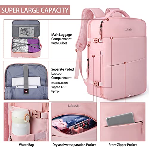 Lubardy Travel Backpack for Men Women 17 Inch Flight Approved Carry on Backpack Waterproof Large 40L Luggage Daypack Business College Weekender Overnight Laptop Backpack with 3 Packing Cubes, Pink - color: Pink(backpack With 3 Packing Cubes)