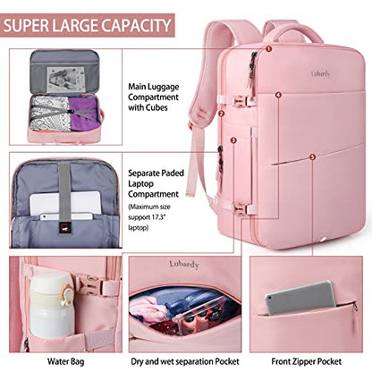 Lubardy Travel Backpack for Men Women 17 Inch Flight Approved Carry on Backpack Waterproof Large 40L Luggage Daypack Business College Weekender Overnight Laptop Backpack with 3 Packing Cubes, Pink - color: Pink(backpack With 3 Packing Cubes)