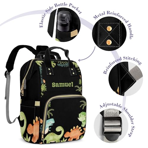 Personalized Diaper Bag with Name, Custom Cute Green Dinosaur Theme Bag, Black Monogram Nappy Backpack with Thermal Pockets for Adults, Large Capacity Waterproof Diaper Bag - color: Cute Dinosaur