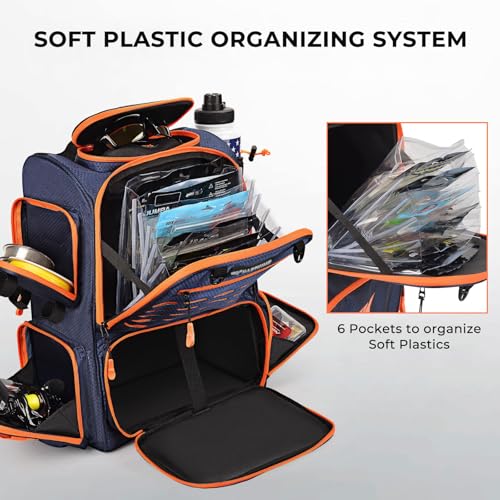 KastKing Bait Boss Fishing Tackle Backpack with Rod Holders-4 Tackle Boxes-Rain Cover,Storage for Fishing Gear - color: B: Orange
