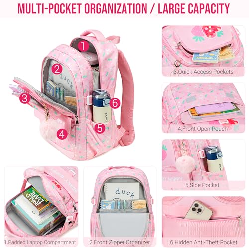 Makukke Girls School Backpack Set, Cute Strawberry Bag with Lunch Box & Pencil Case, Lightweight Durable Bookbag for Elementary Middle - color: Strawberry-Blue