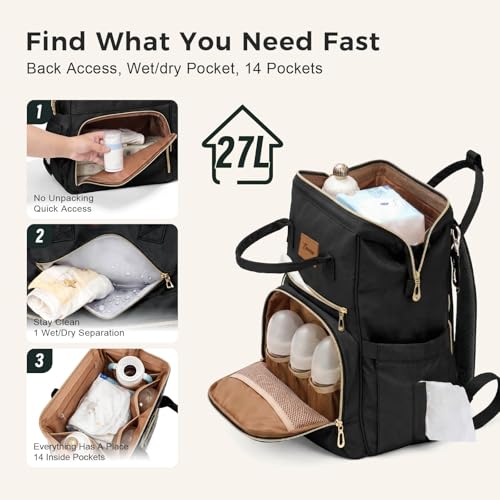 Diaper Bag Backpack, Large Capacity Baby Bag with Stroller Straps and Luggage Sleeve, Insulated Bottle Pockets, Changing Pad, Wet/Dry Pocket, Unisex for Mom and Dad, 27L Black - color: Black, size: Large