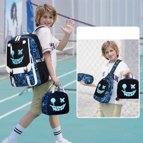 Bevalsa Backpack for Boys, Cool Luminous Boys Backpack with Sling Bag, Lunch Box & Pen Case, School Bags for Kids Children Teens Elementary Middle Schools, Bookbag Glow In The Dark (Smile) - color: Smile