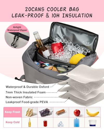 Odoland 2-in-1 Cooler Backpack with Removable Insulated Bag, 26L Leak-Proof Dry Wet Separation Backpack with 9L Cooler (20 Cans) for Beach Picnic Camping Day Trip, Lunch Diaper Bag for Men Women - color: Pink