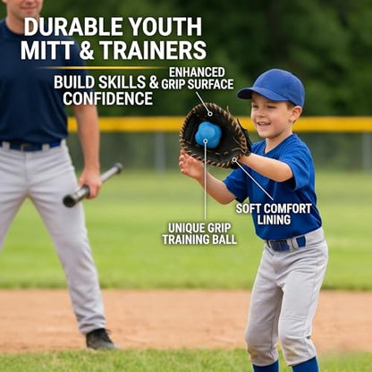 Pancake Glove Baseball Youth & Flat Gloves Softball Trainer with Agility Reaction Ball - Infield Mitt to Build Soft Hands (Ages 6-12, Right-Hand Throw) - color: black