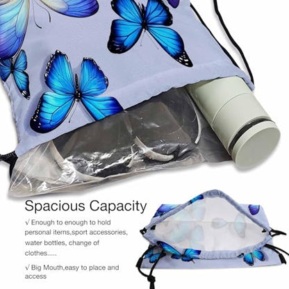 Drawstring Backpack Beautiful Blue Butterflies Lightweight Gym Backpack Various Flying Positions Simple Design for Women Men 14x16.9 Inch - color: Butterflies