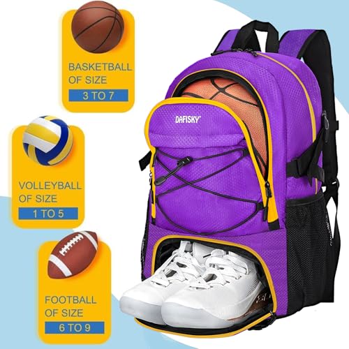 DAFISKY Basketball Backpack, Basketball Bag with Ball Holder Shoes Compartment, Sports Equipment Bag for Soccer Ball, Volleyball - color: purple