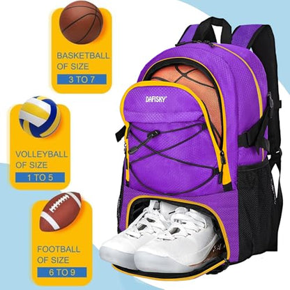 DAFISKY Basketball Backpack Sports Bag | Basketball Bag with Shoe Compartment and Ball Holder, 30L Large gym bag for boys girls - color: purple