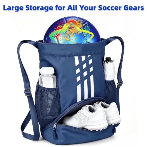 Soccer Bag, Youth Soccer Basketball Bag with Compartments Drawstring Backpack for Football Volleyball Gym Training (Blue) - color: Blue