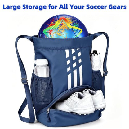 Soccer Bag, Youth Soccer Basketball Bag with Compartments Drawstring Backpack for Football Volleyball Gym Training (Blue) - color: Blue