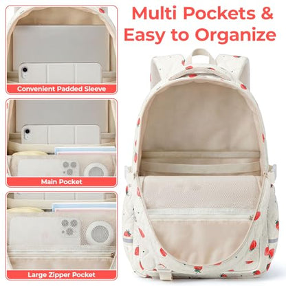 Quilted Backpack for Teen Girls, Cute Strawberry School Backpack with Multi-Pocket Design, Lightweight Cotton Bookbag Fits 15.6" Laptop, Large Capacity Aesthetic Backpack with Plush Charm - color: Strawberry