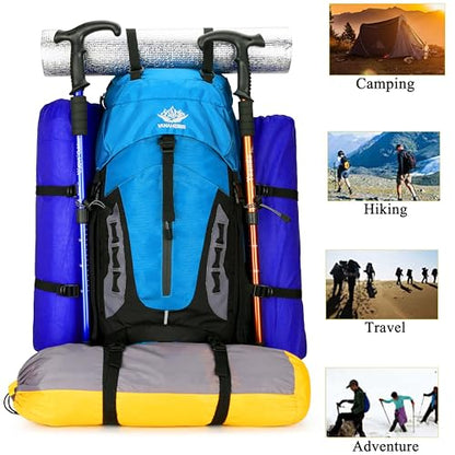 YFREAL 60L Travel Hiking Camping Backpack with Rain Cover,Backpack Water Resistant,Climbing Backpack for Men Women (BLUE) - color: Blue