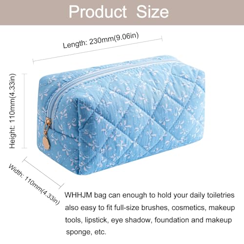 Cute Floral Makeup Bag Small Cotton Quilted Cosmetic Bag, Aesthetic Essential Bag Emergency Bag Gift for Women Girls Travel Accessories (Blue) - color: Blue