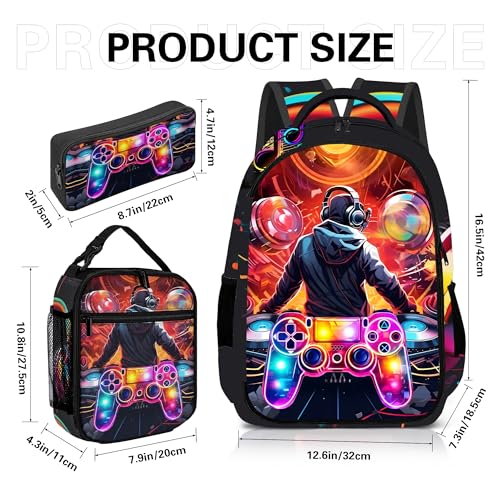 Boys Backpack with Lunch Box and Pencil Case, 3Pcs Gamer Backpack for Boys Teens, 17 Inch Large Capacity - color: GAME-YLWJ-7