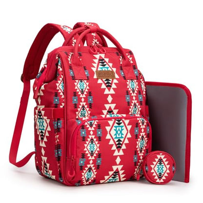 Montana West Wrangler Diaper Bag Backpack Aztec Callie Bag Travel Backpack Purses Western Multi-Function Baby Bags for Mom - color: Burgundy
