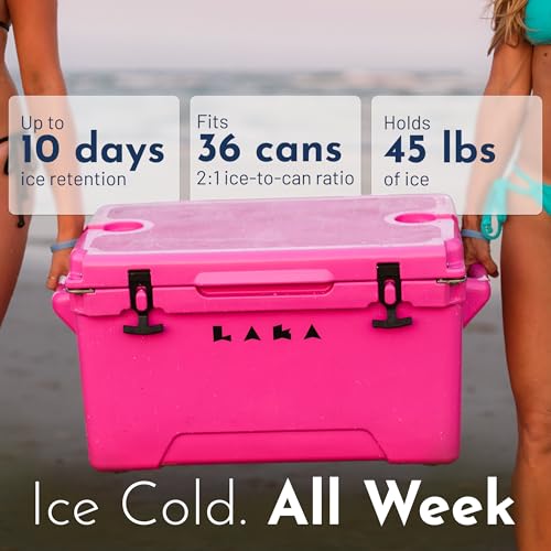Laka Cooler – 45 Quart Rotomolded Hard Cooler, Insulated Ice Chest Holds 36 Cans/45 lb Ice, Up to 7 Days Cold, Drain Plug + Basket, Non-Slip Feet, Beach Boat Camping Tailgate - color: Pink