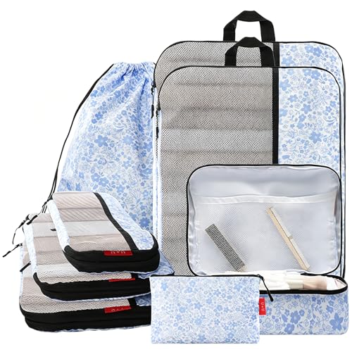 U+U 8 Set Compression Packing Cubes - Ultralight Travel Organizers with Laundry Bag and Cosmetic Bag, Space-Saving Suitcase Organizer for Travel, Business Trip and Family Vacation (Blue Flower) - color: Blue Flower, size: 8 Set
