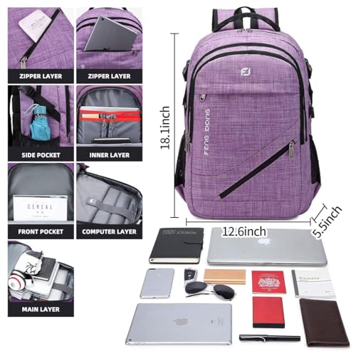 FENGDONG Large Laptop Backpack 17.3 inch Durable Waterproof Travel College Backpack Bookbag for Men & Women Business Backpack with USB Charging Port and Headset Port Light Purple - color: A2-light Purple