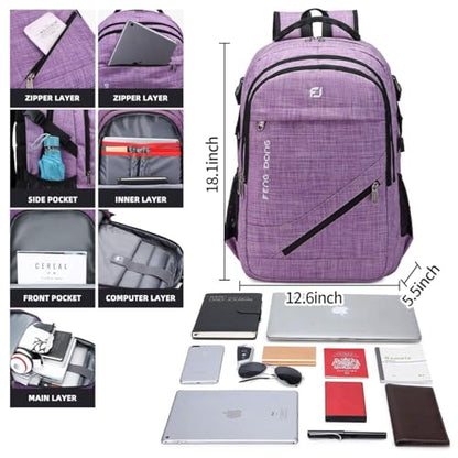 FENGDONG Large Laptop Backpack 17.3 inch Durable Waterproof Travel College Backpack Bookbag for Men & Women Business Backpack with USB Charging Port and Headset Port Light Purple - color: A2-light Purple