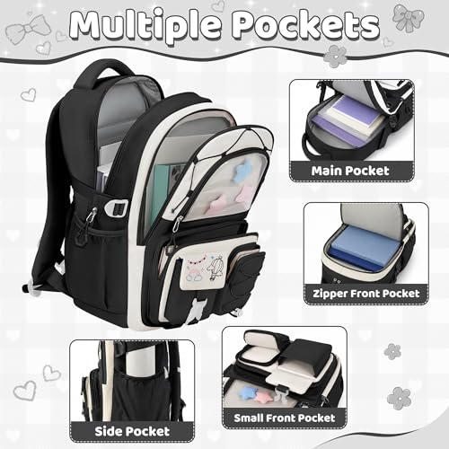Girls Backpack with Lunch Box, 4 PCS Black Kawaii School Bookbag for Girls - color: Black