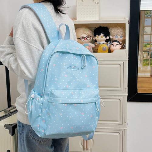 Cute Aesthetic Backpack Y2K Simple Heart Star Print Kawaii Backpacks Travel Laptop Rucksack Backpack for Women (Blue) - color: Blue