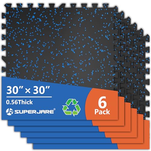 SUPERJARE 30" x 30" Larger Rubber Top Exercise Equipment Mats, 0.56" Thick 6PCS 37.5 Sq Ft High-Density EVA Foam Interlocking Gym Flooring, Big Workout Mat for Home Gym, Floor Protection, Black/Blue - size: 6 Tiles (37 Sq Ft)