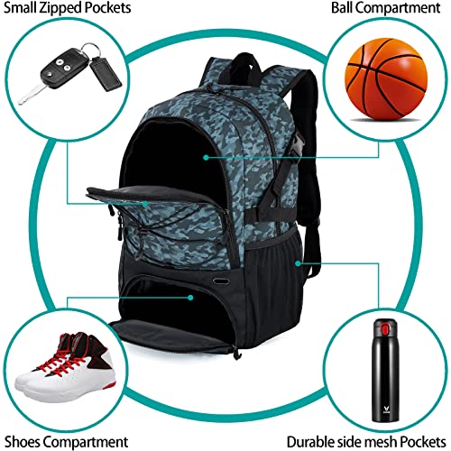 WOLT Basketball Backpack Large Sports Bag with Separate Ball Holder & Shoes Compartment, Best for Basketball, Soccer,Gym - color: Camouflage Grey
