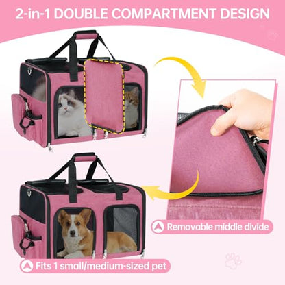 Cat Carrier for 2 Cats - Double Pet Carrier Extra Large, Dual Cabin Multi Cat Travel Carrier with Removable Divider, Collapsible, Can Hold 20 30 40 lbs for Two Small Kitten, Medium Dog Pink - color: Pink